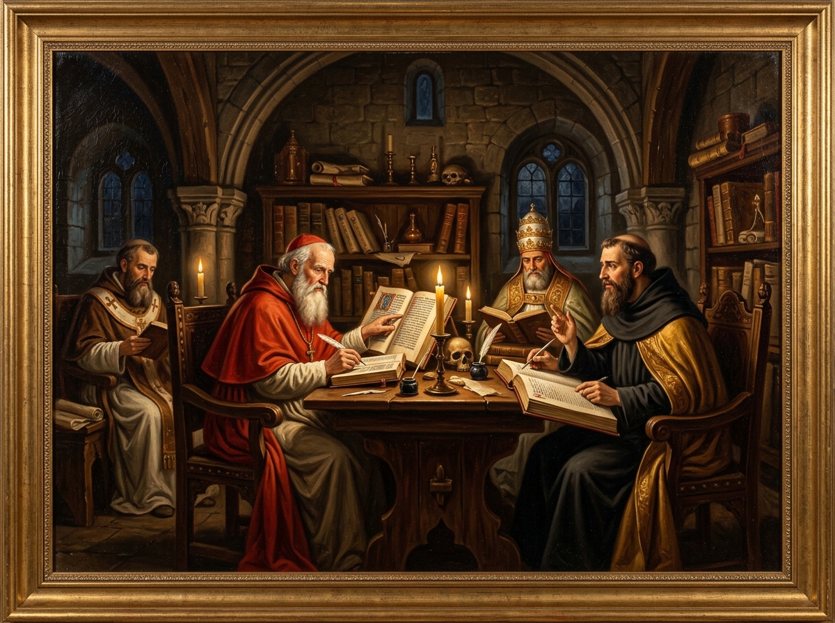 Pintura arquivística dos Doutores da Igreja Católica no scriptorium estudando e defendendo a Sagrada Escritura